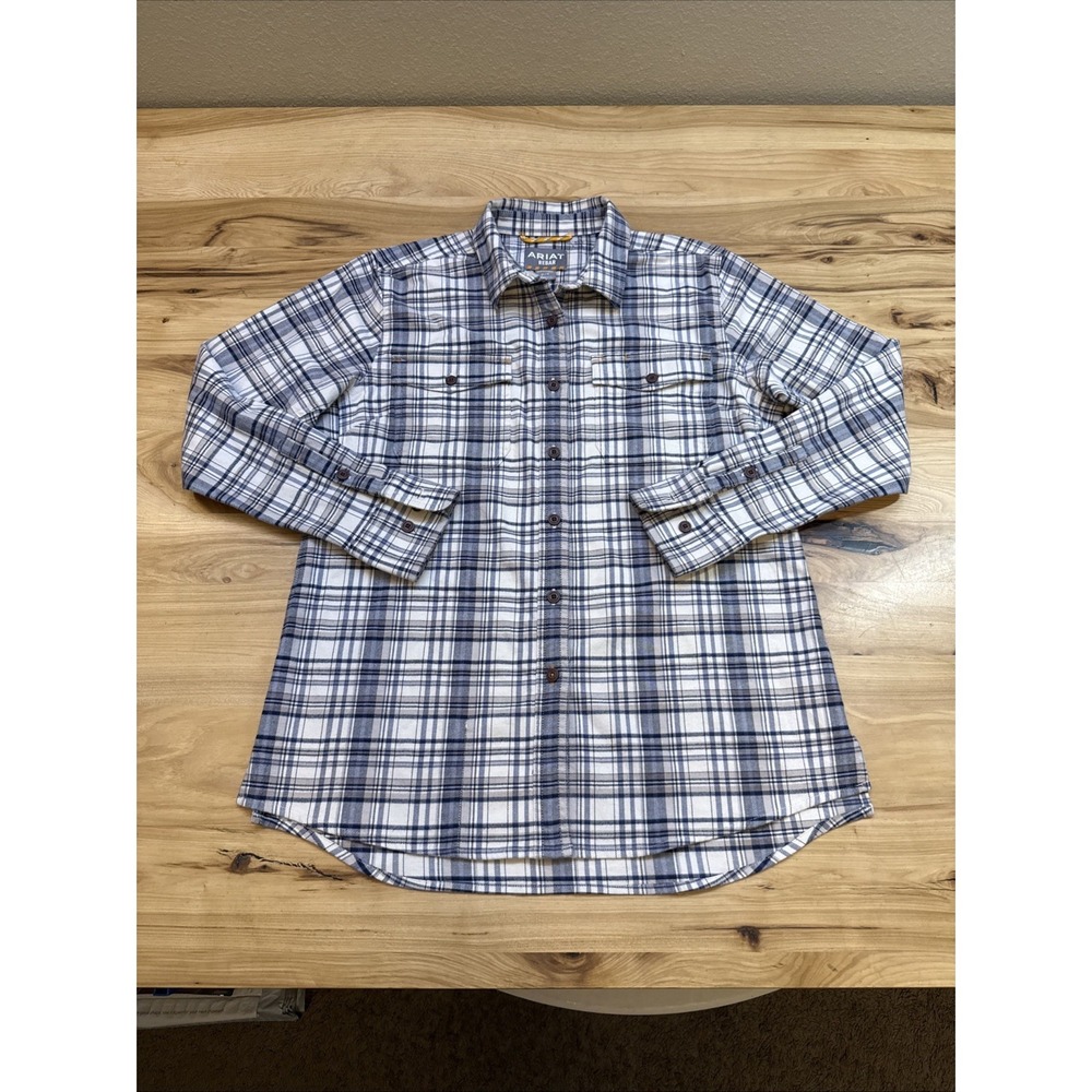 Ariat Rebar Flannel Shirt Womens Medium Blue Plaid Western DuraStretch Button Up